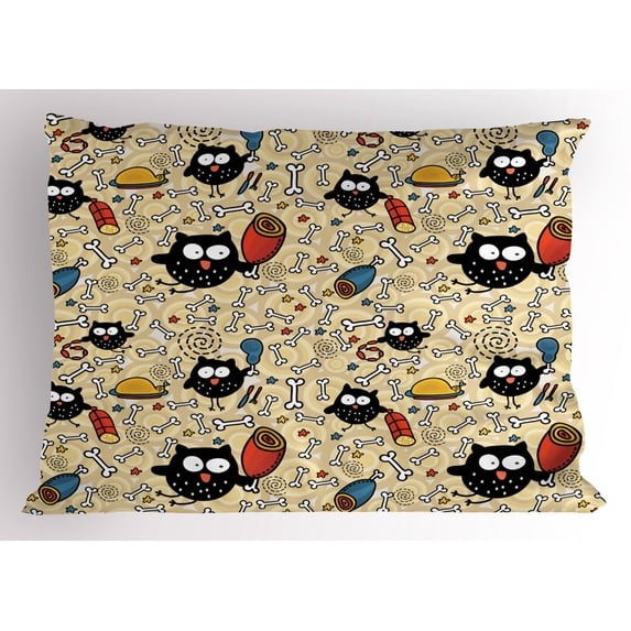 Ambesonne Cartoon Pillow Sham, Hungry Owls Eating, 26" X 20", Black Multicolor