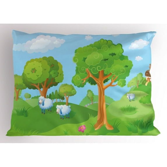 Ambesonne Cartoon Pillow Sham, Lambs on Grasses, 26" X 20", Multicolor