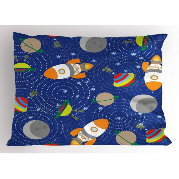 Ambesonne Cartoon Pillow Sham, Outer Space Moon UFO, 36" X 20", Multicolor
