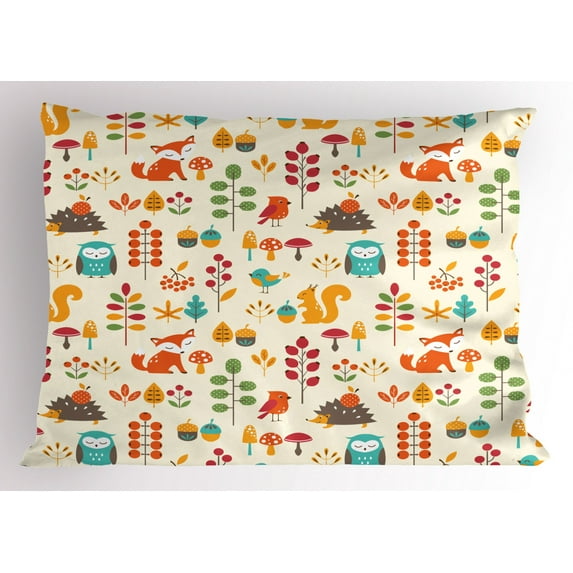 Ambesonne Cartoon Pillow Sham, Owl Fox Squirrel Birds, 36" X 20", Multicolor