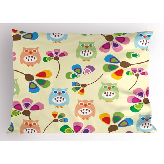 Ambesonne Cartoon Pillow Sham, Owls Flowers Room, 36" X 20", Multicolor