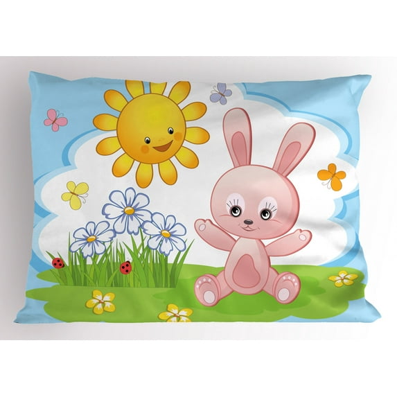 Ambesonne Cartoon Pillow Sham, Rabbit in Garden, 26" X 20", Multicolor