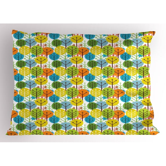 Ambesonne Cartoon Pillow Sham, Sute Summer Trees Pattern, 26" X 20", Multicolor