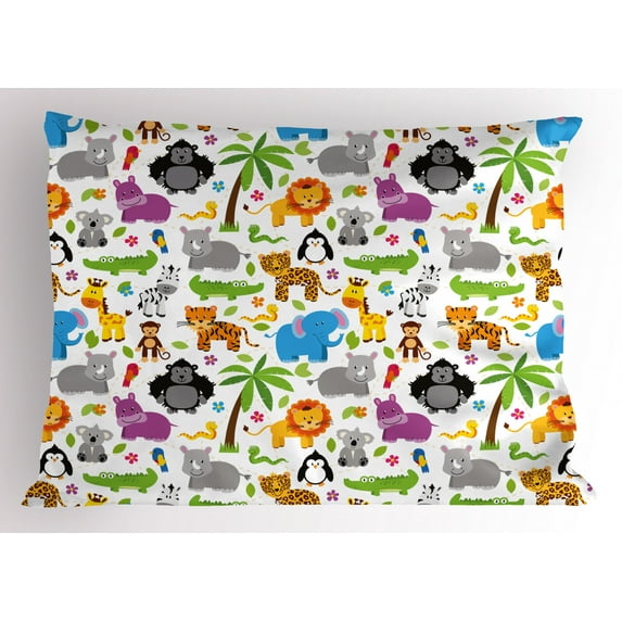 Ambesonne Cartoon Pillow Sham, Various Animals, 26" X 20", Multicolor
