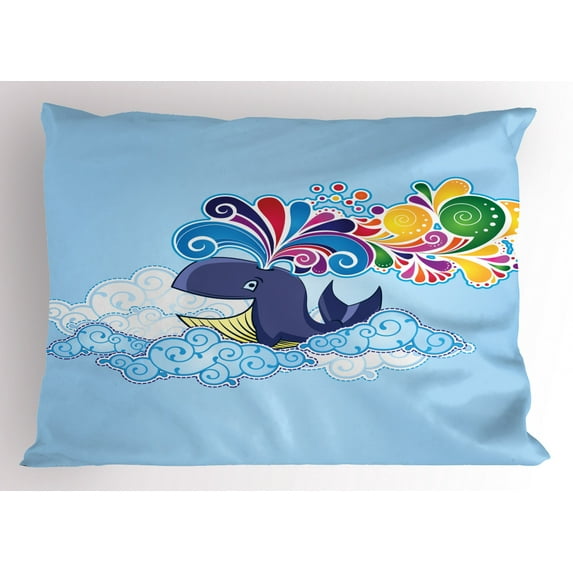 Ambesonne Cartoon Pillow Sham, Whale on Cloud Rainbow, 36" X 20", Multicolor