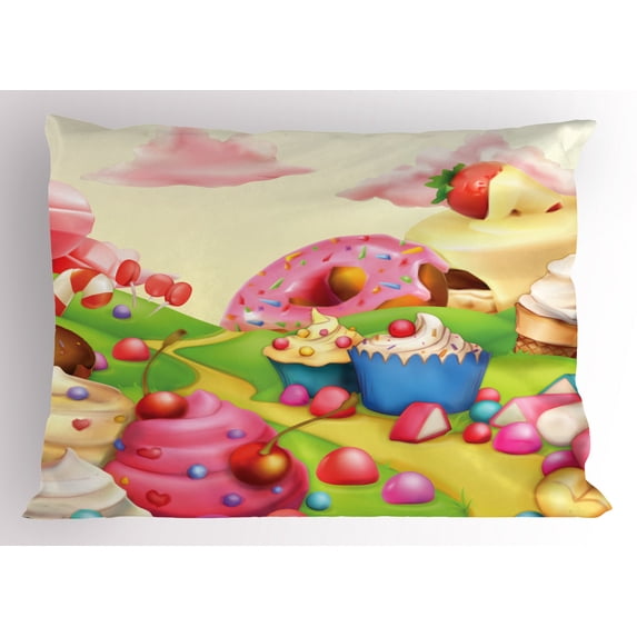 Ambesonne Cartoon Pillow Sham, Yummy Donuts Land, 36" X 20", Multicolor