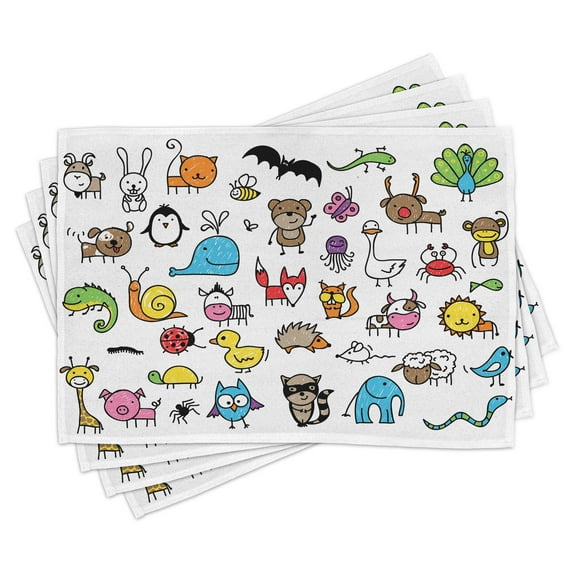 Ambesonne Cartoon Place Mats Set of 4, Animals, Standard Size, Multicolor
