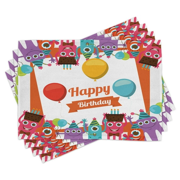 Ambesonne Cartoon Place Mats Set of 4, Birthday Party with Animals, Standard Size, Multicolor
