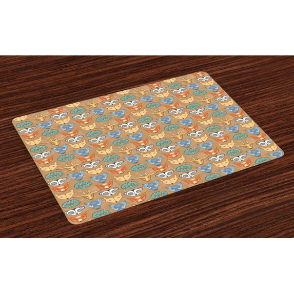 Ambesonne Cartoon Place Mats Set of 4, Forest Fauna Pattern, Standard Size, Multicolor