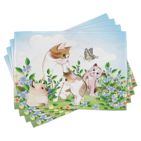 Ambesonne Cartoon Place Mats Set of 4, Happy Kittens, Standard Size, Multicolor