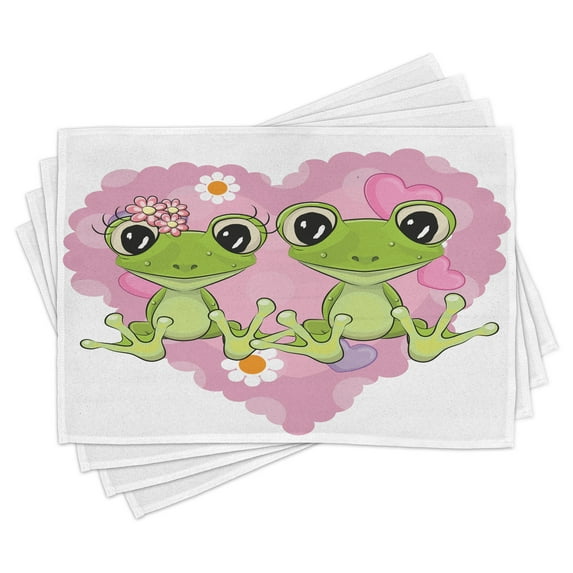 Ambesonne Cartoon Place Mats Set of 4, Heart in Love Flowers, Standard Size, Dried Rose Lime Green