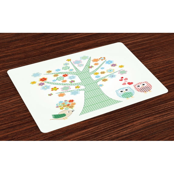 Ambesonne Cartoon Place Mats Set of 4, Romantic Owls in Love, Standard Size, Mint Green Multicolor