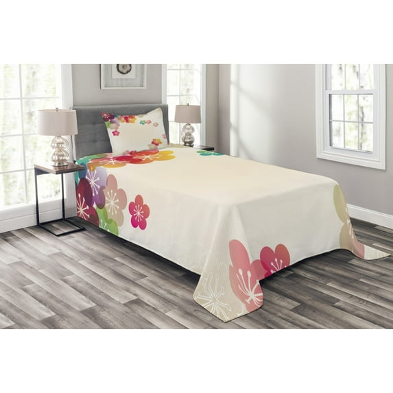 Ambesonne Cartoon Quilted Bedspread Set 2 Pcs, Abstract Japanese Art, Twin Size, Multicolor