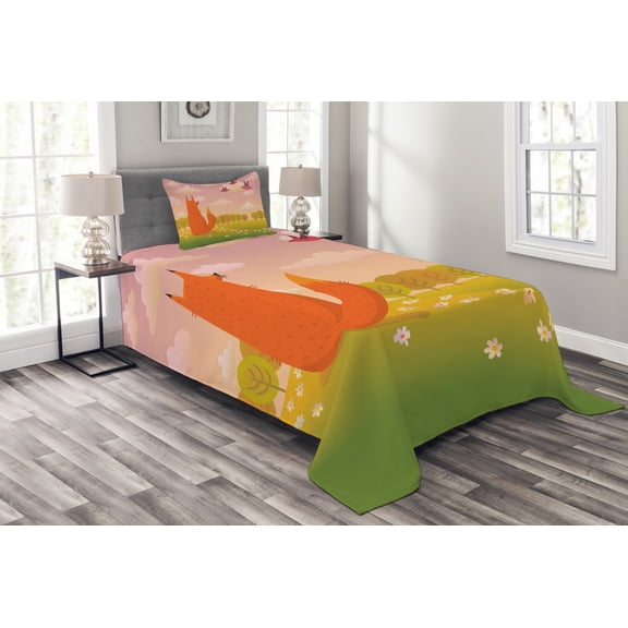 Ambesonne Cartoon Quilted Bedspread Set 2 Pcs, Animal Fox Wildlife, Twin Size, Orange Lilac Green