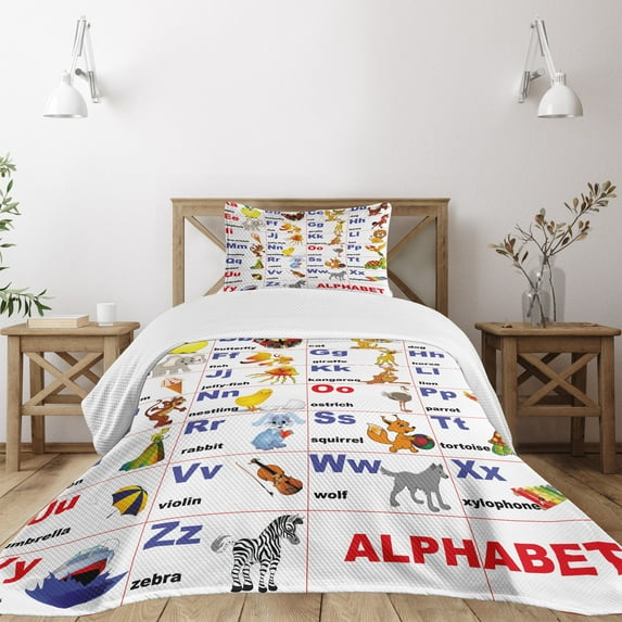 Ambesonne Cartoon Quilted Bedspread Set 2 Pcs, Animal Theme Letter Design, Twin Size, Multicolor