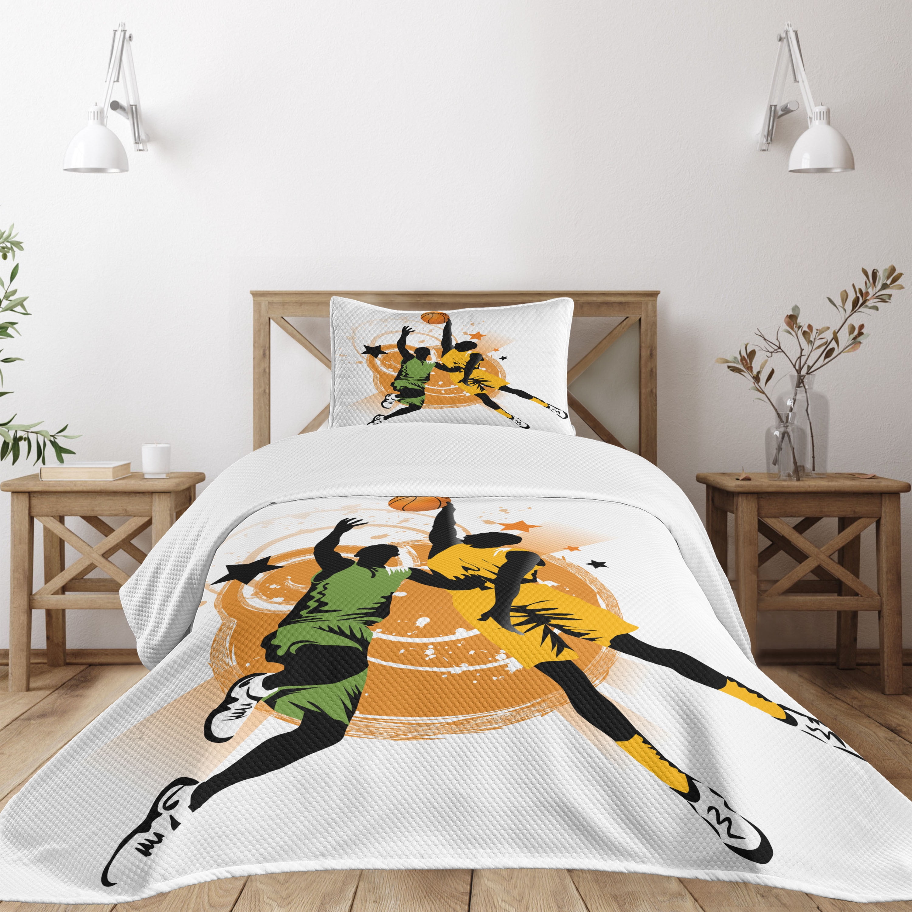 Twin White Quilted Bedspread Set with Basketball Players