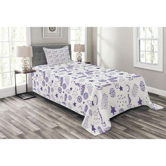 Ambesonne Cartoon Quilted Bedspread Set 2 Pcs, Boat Star Gulls Moon Shell, Twin Size, Purple