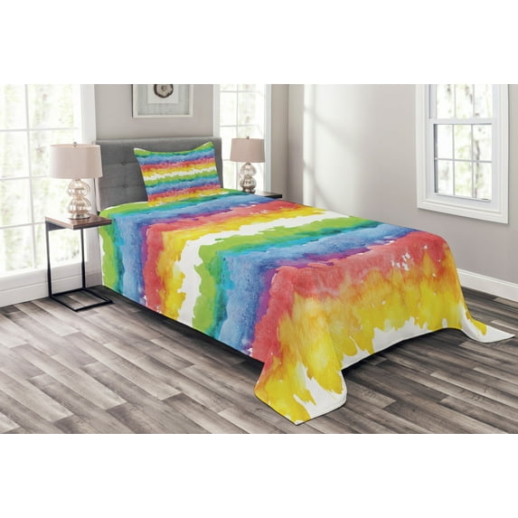 Ambesonne Cartoon Quilted Bedspread Set 2 Pcs, Brushstrokes Watercolors, Twin Size, Multicolor