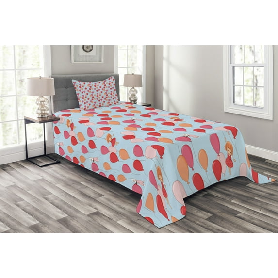 Ambesonne Cartoon Quilted Bedspread Set 2 Pcs, Bunny Girl and Balloons, Twin Size, Multicolor