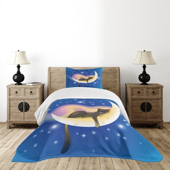 Ambesonne Cartoon Quilted Bedspread Set 2 Pcs, Cat, Twin Size, Yellow Blue
