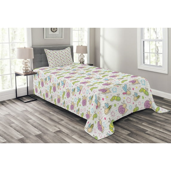 Ambesonne Cartoon Quilted Bedspread Set 2 Pcs, Caterpillar Bees Flowers, Twin Size, Multicolor