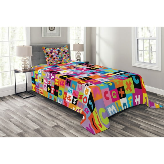 Ambesonne Cartoon Quilted Bedspread Set 2 Pcs, Colored Alphabet Game, Twin Size, Multicolor