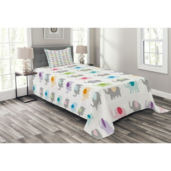 Ambesonne Cartoon Quilted Bedspread Set 2 Pcs, Colorful Fun Elephants, Twin Size, Multicolor