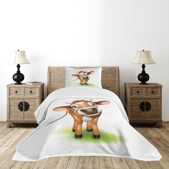 Ambesonne Cartoon Quilted Bedspread Set 2 Pcs, Cow with Blue Eyes Grass, Twin Size, Royal Blue and Cinnamon