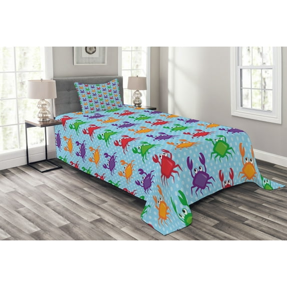 Ambesonne Cartoon Quilted Bedspread Set 2 Pcs, Crabs on Blue Backdrop, Twin Size, Multicolor