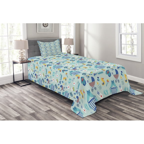 Ambesonne Cartoon Quilted Bedspread Set 2 Pcs, Crestcent Moon with Stars, Twin Size, Pale Violet Blue Yellow
