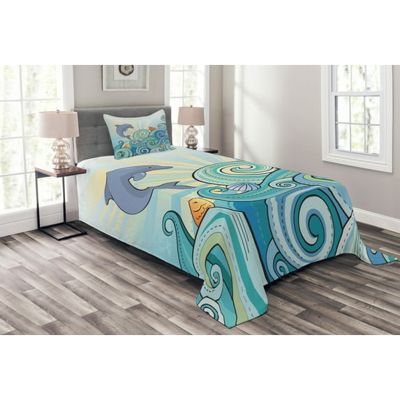 Ambesonne Cartoon Quilted Bedspread Set 2 Pcs, Dolphin Ocean, Twin Size, Multicolor