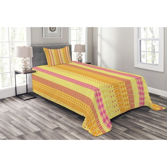 Ambesonne Cartoon Quilted Bedspread Set 2 Pcs, Flower Stars Stripes Motif, Twin Size, Marigold Yellow Pink