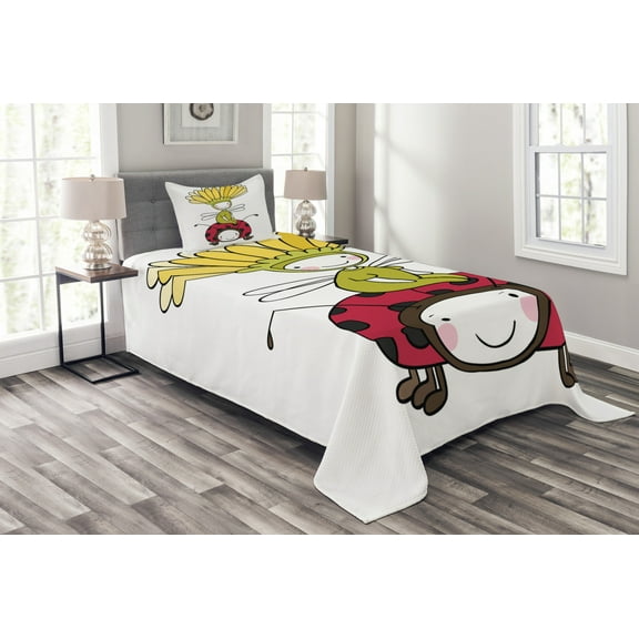 Ambesonne Cartoon Quilted Bedspread Set 2 Pcs, Flower and Ladybug, Twin Size, Multicolor