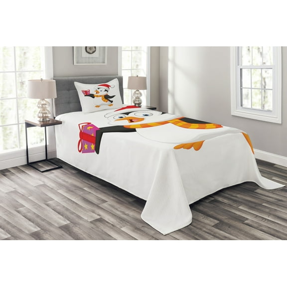 Ambesonne Cartoon Quilted Bedspread Set 2 Pcs, Friendly Penguin Character, Twin Size, Multicolor