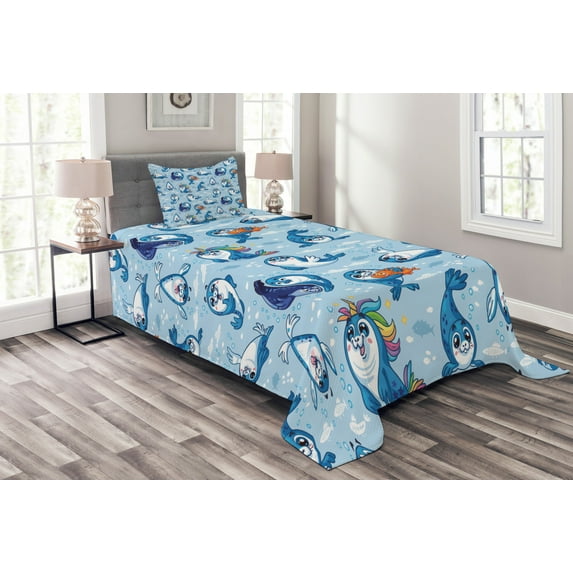 Ambesonne Cartoon Quilted Bedspread Set 2 Pcs, Friendly Seal, Twin Size, Blue White Marigold