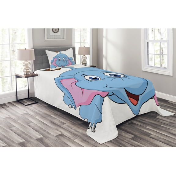 Ambesonne Cartoon Quilted Bedspread Set 2 Pcs, Funny Cartoon Animal Falls, Twin Size, Pink Blue