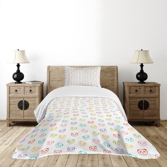 Ambesonne Cartoon Quilted Bedspread Set 2 Pcs, Funny Panda Bears Artwork, Twin Size, Multicolor