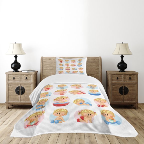 Ambesonne Cartoon Quilted Bedspread Set 2 Pcs, Funny Sleep Composition, Twin Size, Multicolor