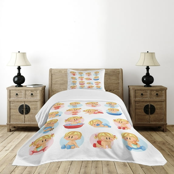 Ambesonne Cartoon Quilted Bedspread Set 2 Pcs, Funny Sleep Composition, Twin Size, Multicolor