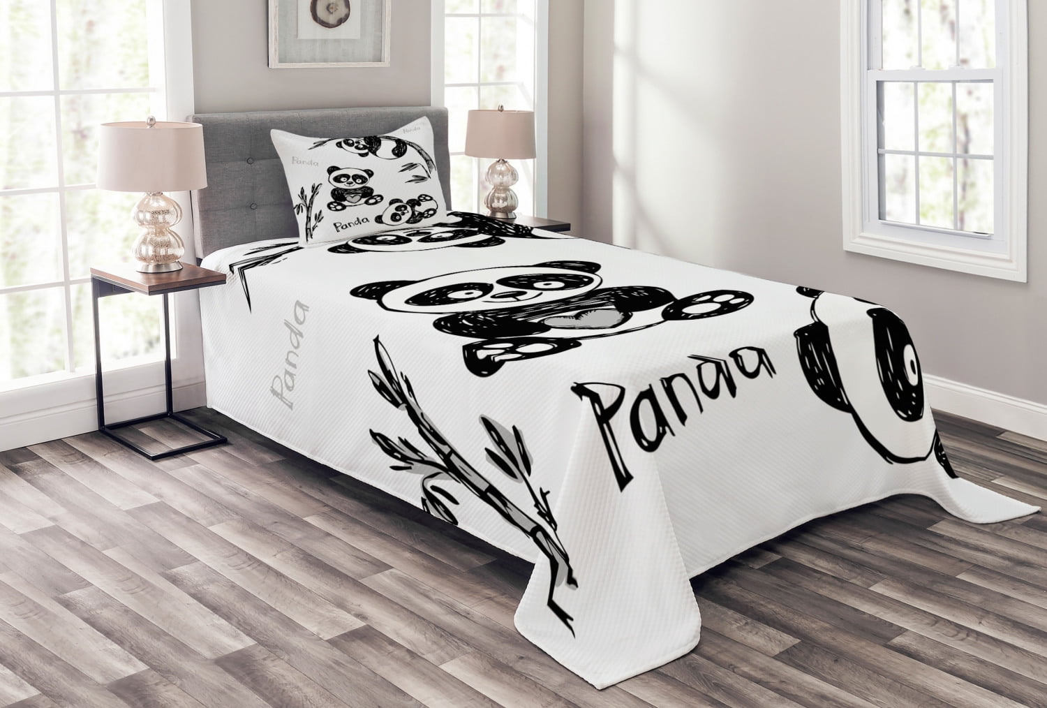 White and Black Quilted Panda Twin Bedspread Set