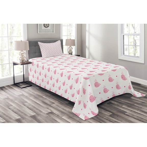 Ambesonne Cartoon Quilted Bedspread Set 2 Pcs, Hearts and Whales Love Art, Twin Size, White and Pink