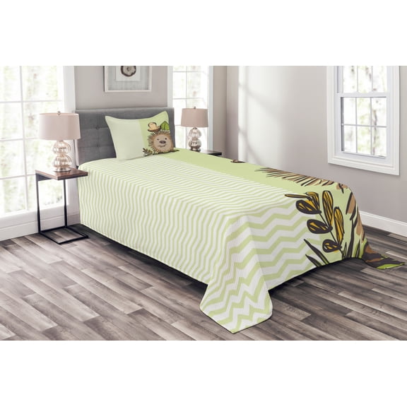 Ambesonne Cartoon Quilted Bedspread Set 2 Pcs, Hedgehog Chevron, Twin Size, Green Brown Beige