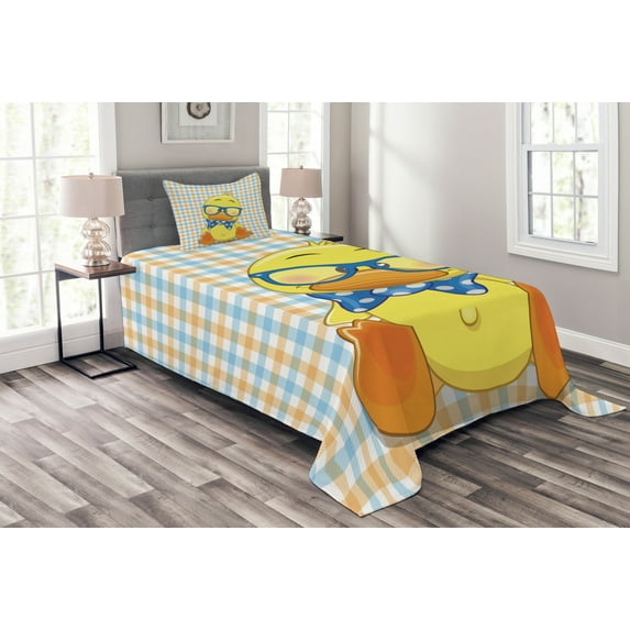 Ambesonne Cartoon Quilted Bedspread Set 2 Pcs, Hipster Boho Cool Duck, Twin Size, Orange Yellow Blue
