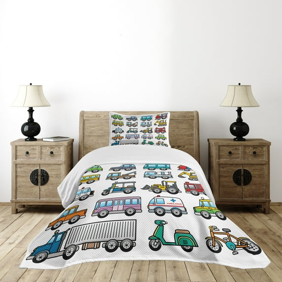 Ambesonne Cartoon Quilted Bedspread Set 2 Pcs, Land Transportation Theme, Twin Size, Multicolor