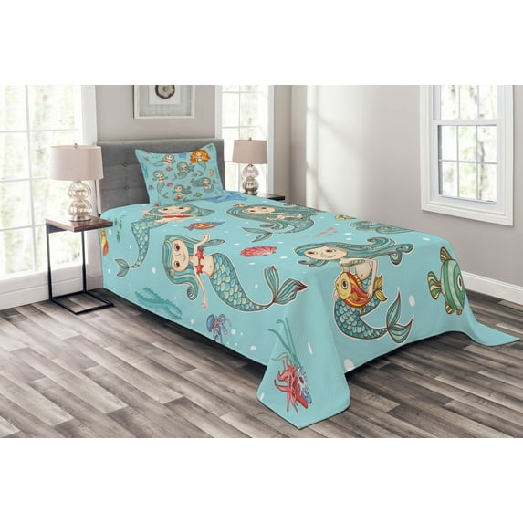 Ambesonne Cartoon Quilted Bedspread Set 2 Pcs, Marine Creatures Art, Twin Size, Teal Orange