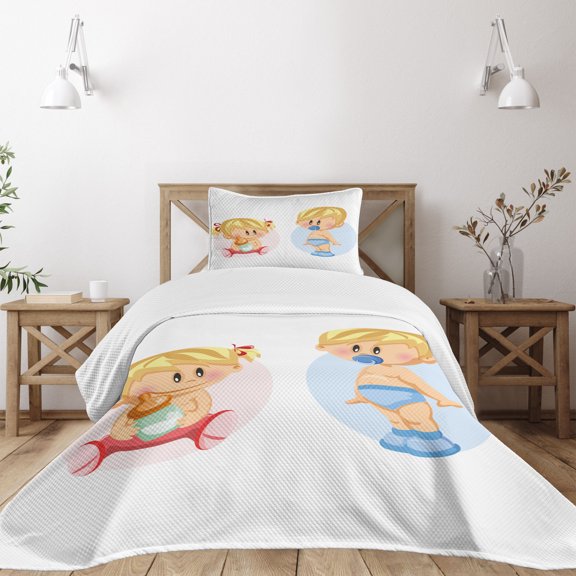 Ambesonne Cartoon Quilted Bedspread Set 2 Pcs, Modern Cartoon Characters, Twin Size, Multicolor