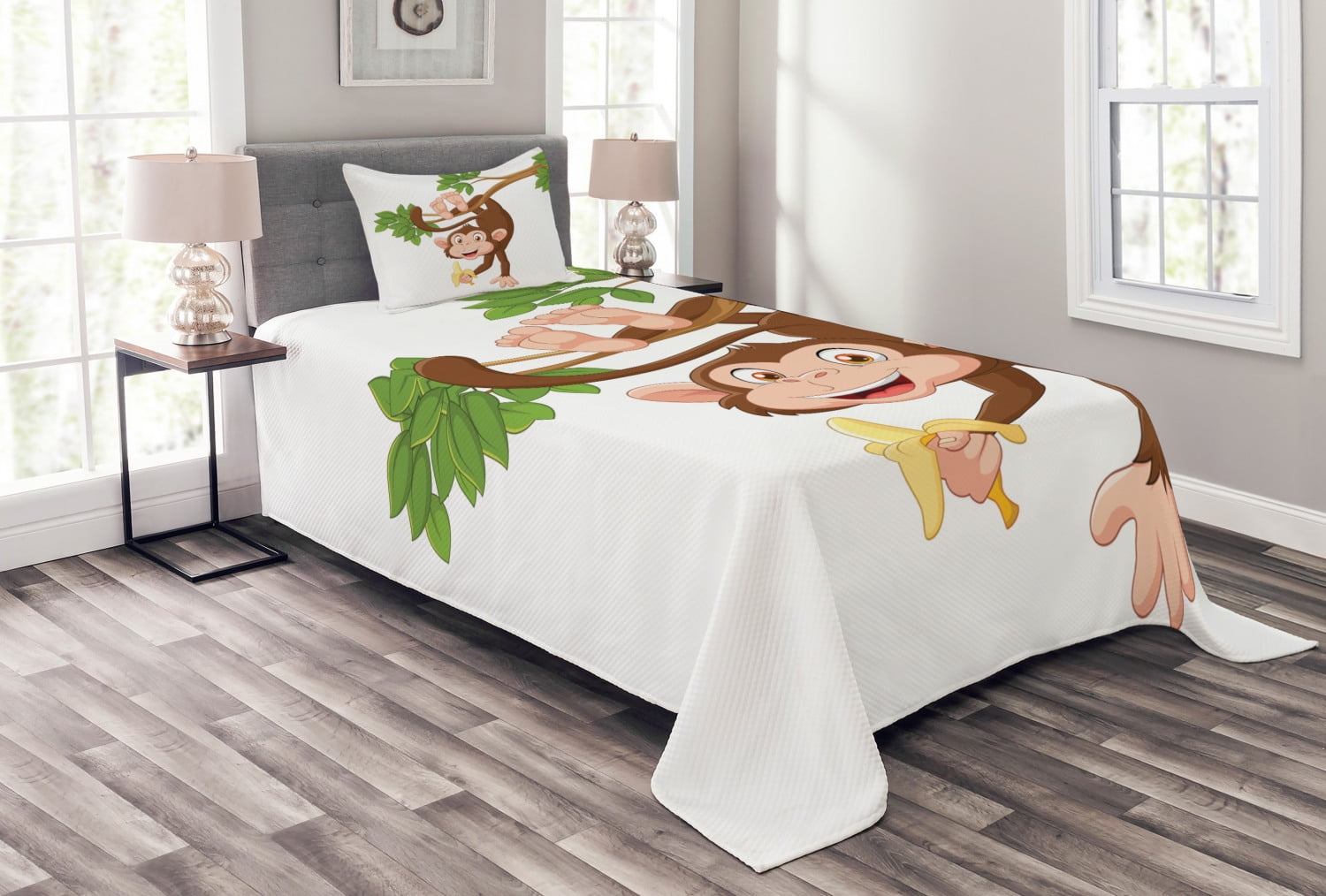 Twin White Quilted Bedspread Set with Monkey Design