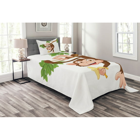 Ambesonne Cartoon Quilted Bedspread Set 2 Pcs, Monkey with Banana Tree, Twin Size, Chocolate White