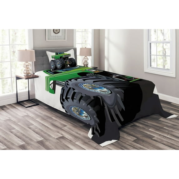 Ambesonne Cartoon Quilted Bedspread Set 2 Pcs, Monster Pickup Truck, Twin Size, Green Grey