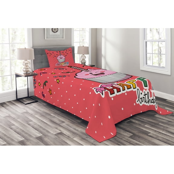 Ambesonne Cartoon Quilted Bedspread Set 2 Pcs, Pink Cupcake Bow, Twin Size, Multicolor